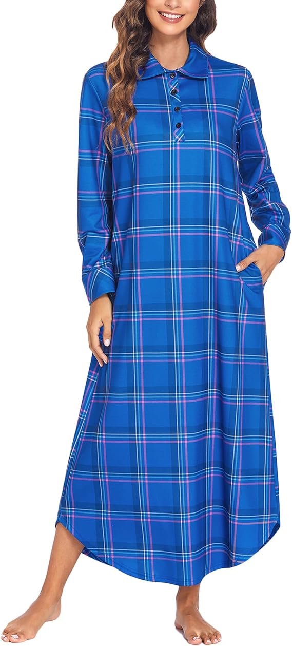 Ekouaer Women's Nightgown Long Sleeve Nightshirt Full Length Loungewear Plaid Sleepwear With Pockets