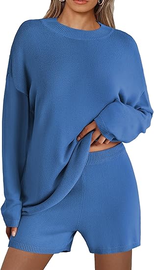 Ekouaer Pajamas Womens 2 Piece Lounge Set Cozy Knit Long Sleeve Sweater Shorts Set Oversized Matching Outfits