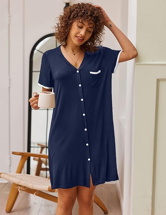 Ekouaer Nightgowns for Women Button Down Pajamas Tops Short Sleeve Sleepwear V-Neck Sleepwear