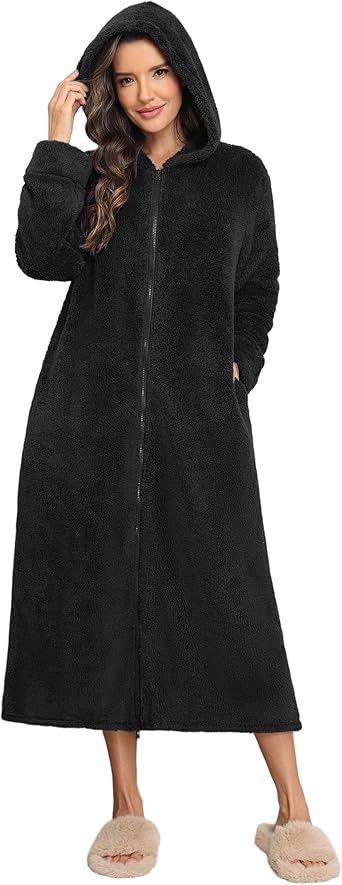 Ekouaer Fleece Robes for Women Hooded Plush Zipper Front Long Bathrobe Warm House Robe Sleepwear with Pockets