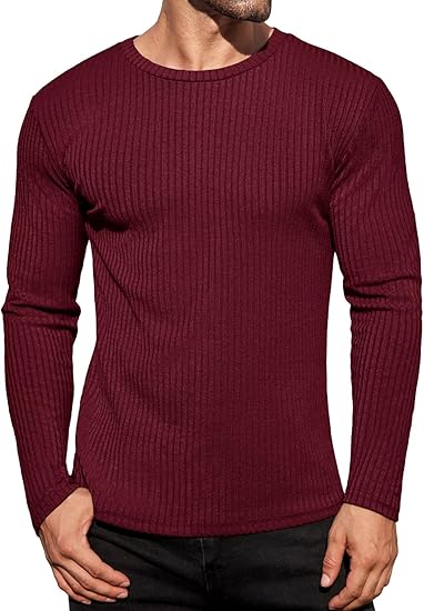 Ekouaer Men's Long Sleeve Shirts Ribbed Pullover Tees Sim Fit Thermal Tops Crew Neck Stretchy Undershirts
