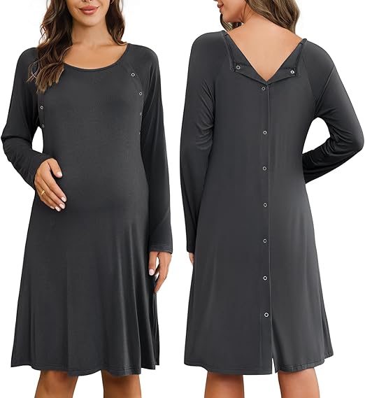 Ekouaer Women Maternity Nightgown Labor Delivery Nursing Gown Hospital Breastfeeding Dress Button Down Long Sleeve Sleepwear