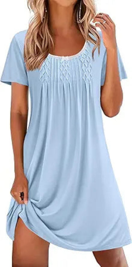 Ekouaer Nightgowns for Women Pleated Sleep Shirts Short Sleeve Night Shirts Lace Trim Night Gown Ladies Sleep Dress