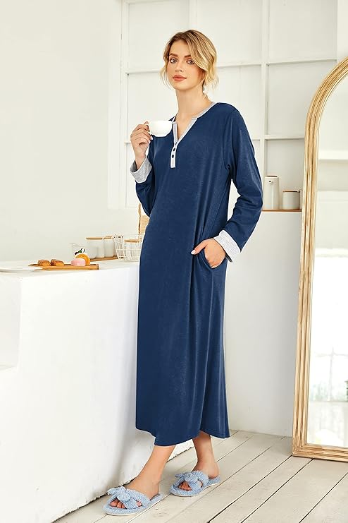 Ekouaer Womens Nightgown Long Loungewear V Neck Nightshirt Sleepwear Full Length Sleepshirt with Pockets