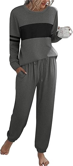Ekouaer Womens Pajama Sets Long Sleeves 2 Pieces Casual Loungewear Outfits Round Neck Sleepwear with Pockets