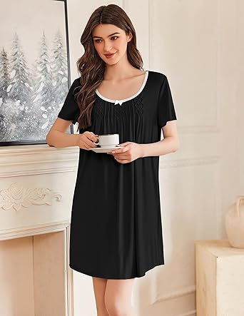 Ekouaer Nightgowns for Women Pleated Sleep Shirts Short Sleeve Night Shirts Lace Trim Night Gown Ladies Sleep Dress