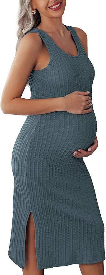 Ekouaer Women's Maternity Dress Rib Knit Sleeveless Tank Side Slit Bodycon Dresses Pregnancy Clothes