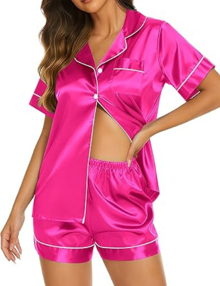 Ekouaer Silk Pajamas for Women Short Sleeve Sleepwear Soft Button Down Loungewear 2 Piece Satin Pjs Shorts Set S-XXL