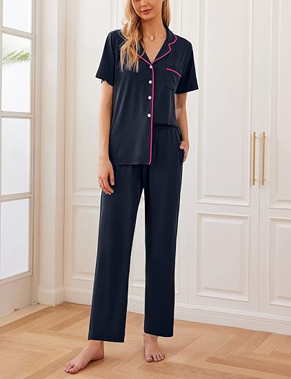 Ekouaer Women Pajamas Set Button Down Sleepwear Short Sleeve Nightwear with Long Pants Soft Pjs Set