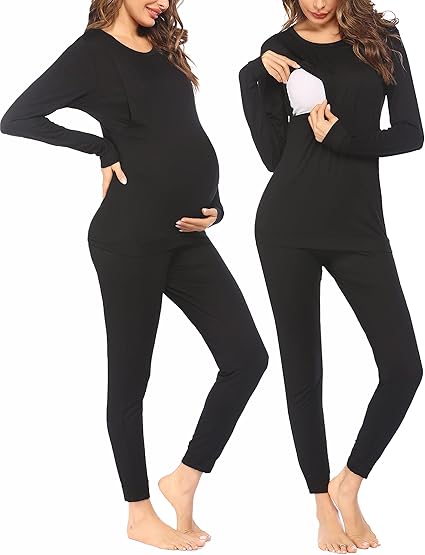 Ekouaer Nursing Pajama Set Long Sleeve Maternity Clothes Labor Pregnancy Pjs Breastfeeding Thermal Underwear Sleepwear