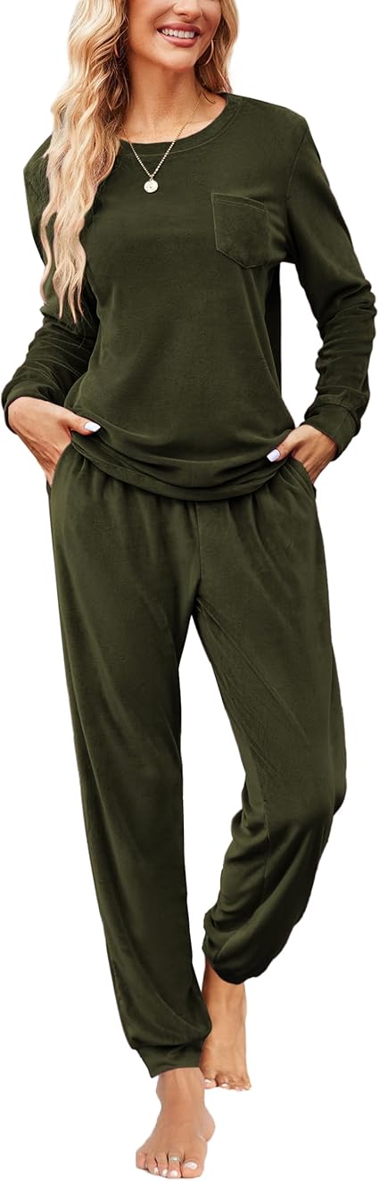 Ekouaer Womens Pajamas Sets Long Sleeve Soft Sleepwear 2 Piece Velvet Pjs Lounge Sets with Pockets Army Green S