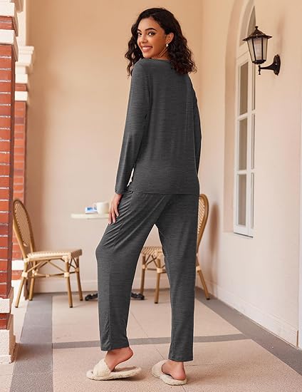 Ekouaer 2 Pack Women's Pajama Set Long Sleeve Top with Jogger Pants Lounge Sets Sleepwear Loungewear with Pockets