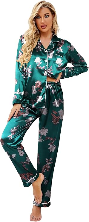 Ekouaer Women's Classic Button Down Long Satin Silk Pajama Set
