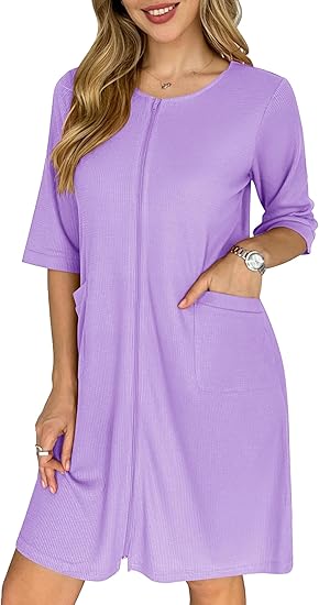 Ekouaer Zip Up Robes for Women Short Waffle Bathrobe Lightweight Knee Length Housecoat with Pockets Nightgown