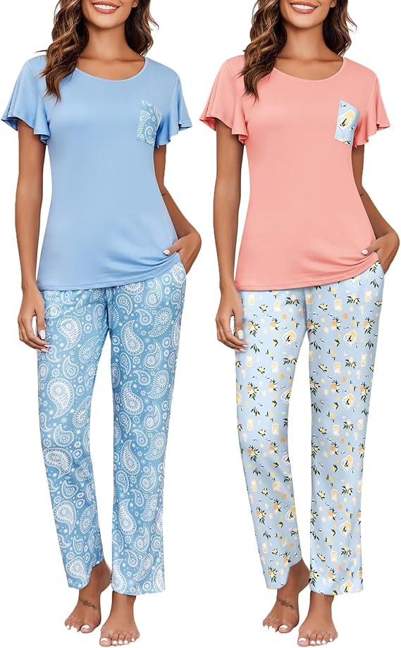 Ekouaer 2 Pack Womens Pajama Sets Short Sleeve with Long Pajama Pant Set Soft Sleepwear Printed Pj Lounge Sets with Pockets
