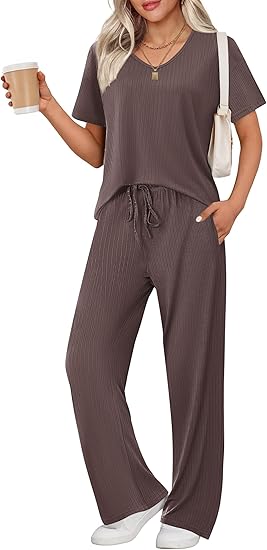 Ekouaer Pyjama Damen Herbst Schlafanzug Kurzarm Lang Hose Rippen Nachtw?sche
