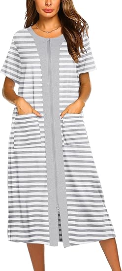 Ekouaer Robes For Women Zipper Front Bathrobe Short Sleeve House Coat Long Nightgown With Pockets Soft Loungewear