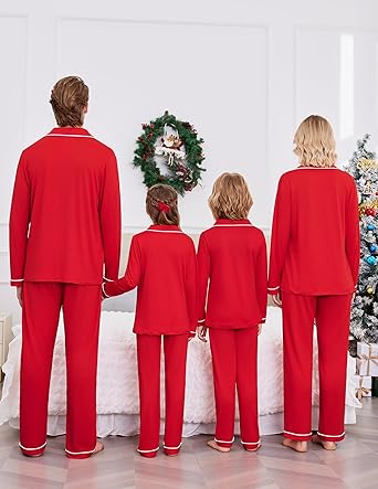 Ekouaer Christmas Family Matching Pajamas Long Sleeve Button Down Pj Set Festival Party Sleepwear Christmas Red XL
