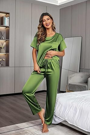 Ekouaer Womens Satin Silky Pajama Set Short Sleeve Shirt with Long Pajama Pant Set Soft PJ Loungewear