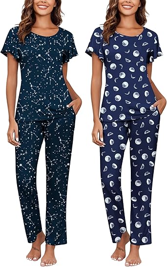 Ekouaer 2 Pack Womens Pajama Sets Short Sleeve with Long Pajama Pant Set Soft Sleepwear Printed Pj Lounge Sets with Pockets