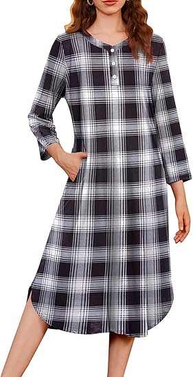 Ekouaer Womens Long Nightgowns Plaid Sleepwear Soft Loose Nightshirt 3/4 Sleeve Plus Size Housecoat with Button & Pockets