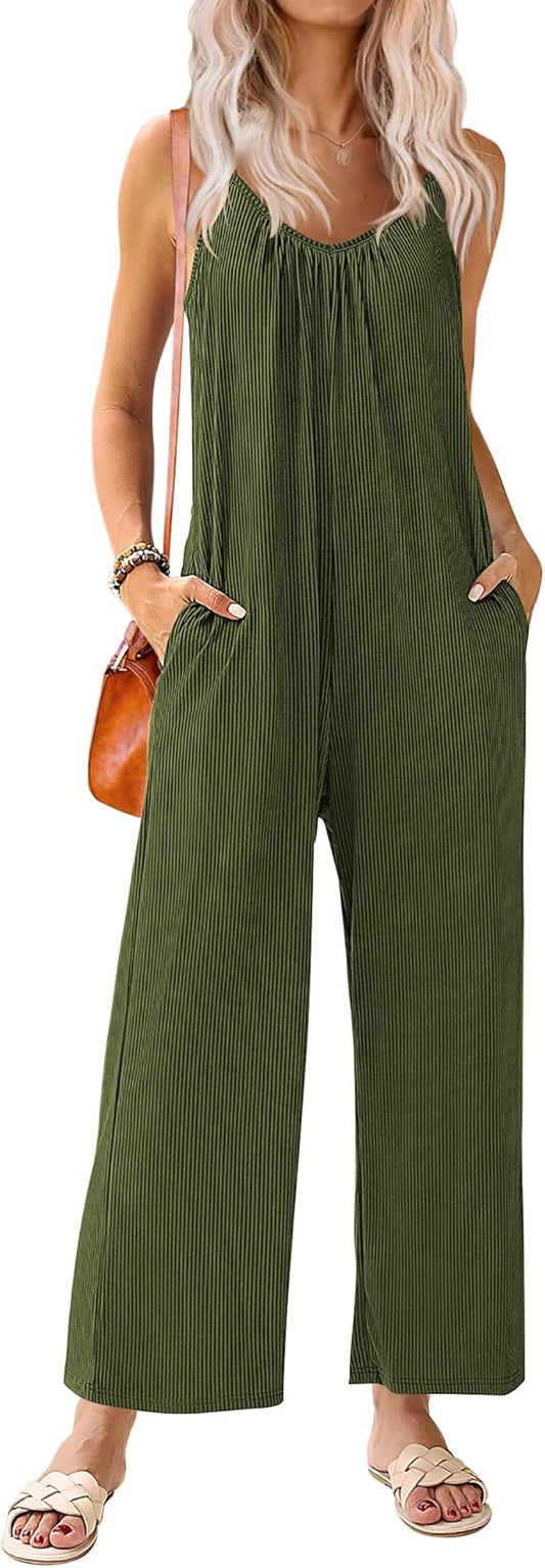 Ekouaer Sleeveless Womens Jumpsuits Ribbed Adjustable Spaghetti Strap Loose Long Pants Romper Jumpsuit