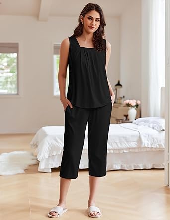 Ekouaer Womens Pajamas Set Pleated Square Neck Sleeveless Tops and Capri Pants Lounge Sets 2 Piece Summer Outfits