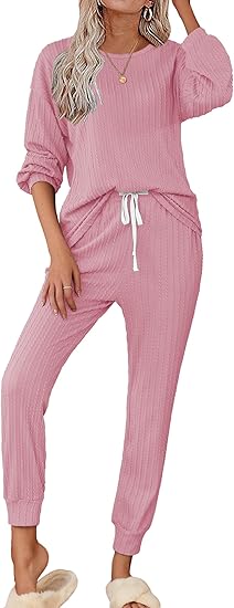 Ekouaer Womens Pajamas Set Ribbed Knit Long Sleeve Pullover Top Jogger Pants Set 2 Piece Lounge Set Sleepwear Tracksuit