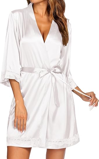 Ekouaer Women's Lace-Trim Silk Robes Bride Bridesmaid Satin Bathrobe V Neck Sleepwear with 3/4 Sleeve