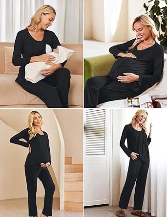 Ekouaer Maternity Nursing Pajama Set Long Sleeve Top & Pants with Pockets Breastfeeding Sleepwear Double Layer Pregnancy