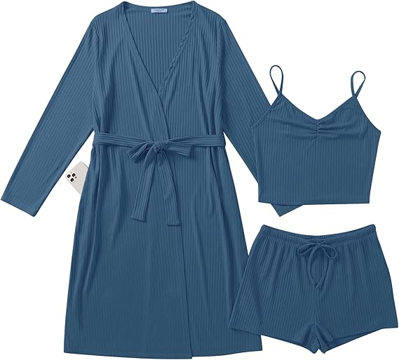 Ekouaer Rib Knit Pajamas Set for Women 3 Piece Lounge Sets Soft Cami and Shorts Pjs with Cardigan Loungewear