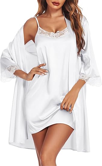 Ekouaer Sleepwear Women's Satin Nightgown with Robes Set 2 Piece Lace Cami Nightwear