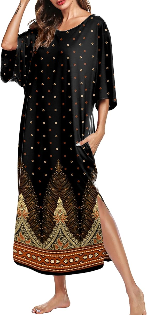 Ekouaer Women's Nightgown Short Sleeve Sleepshirt Long Loungewear Casual Maxi Lounge Dress House Dresses with Pockets