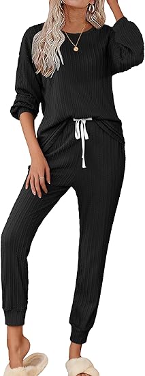Ekouaer Womens Pajamas Set Ribbed Knit Long Sleeve Pullover Top Jogger Pants Set 2 Piece Lounge Set Sleepwear Tracksuit