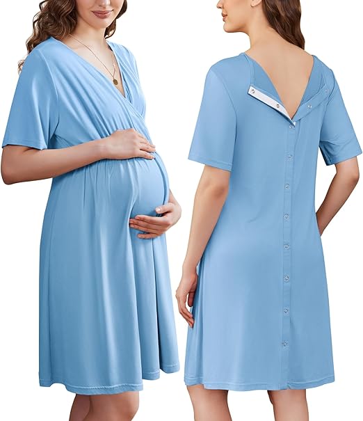 Ekouaer Labor and Delivery Gown for Hospital Short Sleeve Maternity Nursing Dress Nightgown with Button