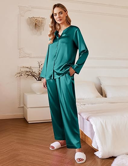 Ekouaer Silk Pajamas For Women 2 Piece Set Satin Pjs Long Sleeve Button Up Sleepwear Comfy Lounge sets