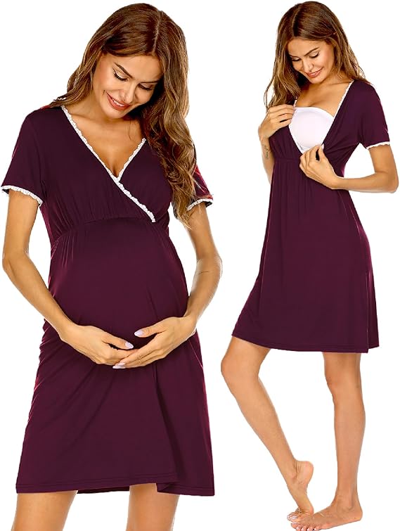 Ekouaer Nursing Nightgown Delivery and Labor Gown for Hospital Short Sleeve Maternity Breastfeeding Dress