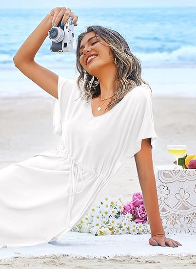 Ekouaer Womens Swimsuit Coverup Short Sleeve Beach Cover Up Dress V Neck Bikini Beachwear
