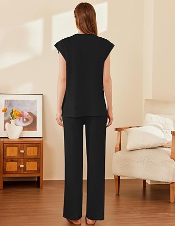 Ekouaer Lounge Sets for Women 2 Piece Outfits Knit Sweater Vest Lounge Pants Casual Matching Loungewear Set