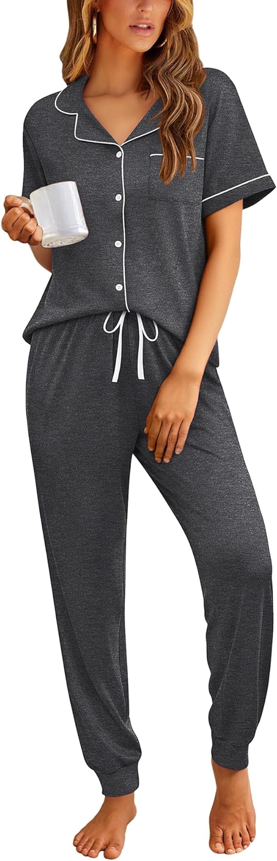 Ekouaer Women Pajama Set Short Sleeve Button Down Pjs Soft Comfy Sleepwear Nightwear with Jogger Pants
