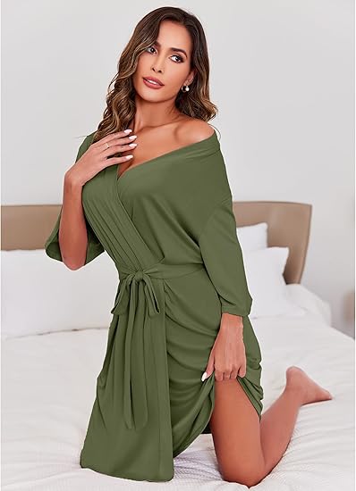 Ekouaer Short Robes for Women Lightweight Robes Knit Bathrobe Soft Sleepwear with Pockets