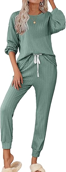 Ekouaer Womens Pajamas Set Ribbed Knit Long Sleeve Pullover Top Jogger Pants Set 2 Piece Lounge Set Sleepwear Tracksuit