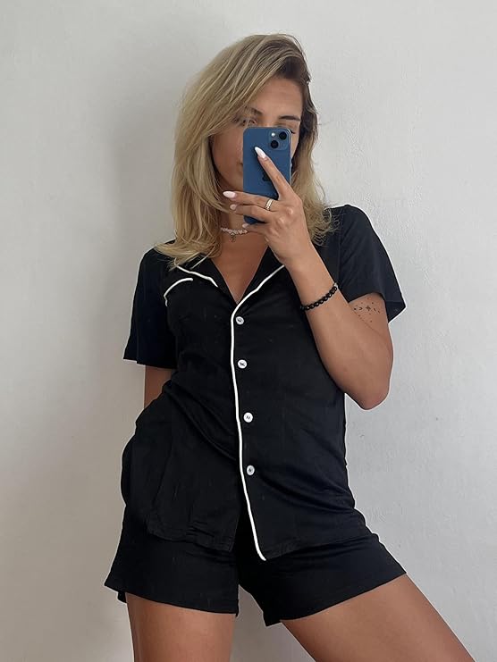 Ekouaer Pajamas Set for Women Short Sleeve Sleepwear Button Down Pjs Soft 2 Piece Lounge Sets
