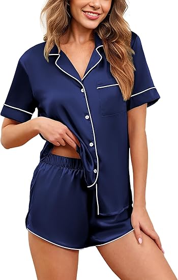 Ekouaer Womens Silk Satin Pajamas Set Short Sleeve Sleepwear Button Down Loungewear 2 Piece Pjs Shorts