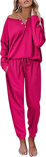 Ekouaer Pajamas Women's Waffle Knit Sleepwear Long Sleeve Top with Pants Casual Pjs Loungewear
