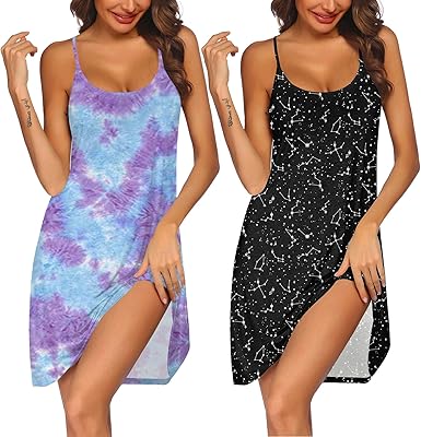 Ekouaer 2 Pack Nightgown for Womens Nightshirt Sleepwear Sleep Tank Chemise Racerback Sleeveless Dress
