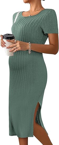 Ekouaer Maternity Dress Rib Knit Short Sleeve Bodycon Dresses Casual Stretchy Pregnancy Clothes