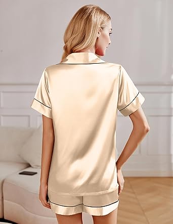 Ekouaer 2 Pack Pajama Sets for Women Silk Satin Pj Short Sleeve Button Down Sleepwear Top and Shorts Summer Lounge Set