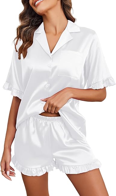 Ekouaer Womens Satin Pajamas Set Button Down Silk 2 Piece Pj Sets Ruffled Short Sleeve Sleepwear