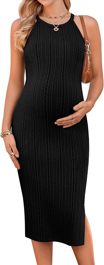 Ekouaer Maternity Dress Rib Knit Side Slit Stretchy Bodycon Pregnancy Dresses Halter Neck Sleeveless Pregnant Clothes